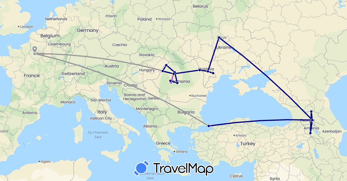 TravelMap itinerary: driving, plane, train in Armenia, France, Georgia, Moldova, Romania, Turkey, Ukraine (Asia, Europe)